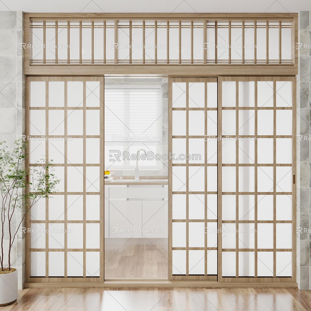 Japanese style sliding door solid wood sliding door 3d model