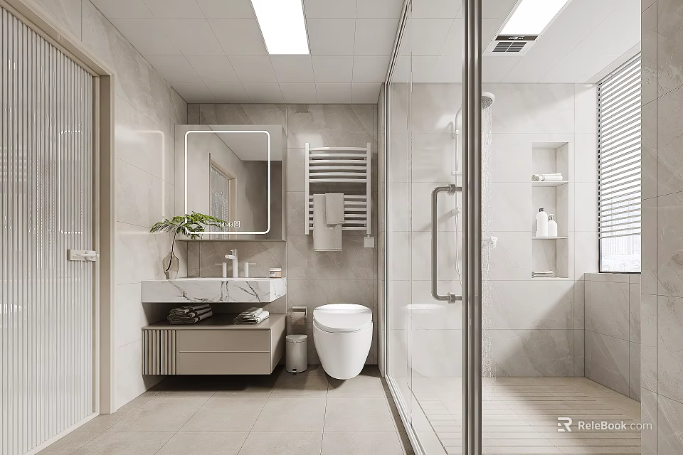 Modern Bathroom With Vanity Mirror Toilet And Glass Shower 3d model 