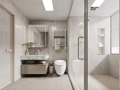 Modern Bathroom With Vanity Mirror Toilet And Glass Shower 3d model