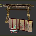 Traditional Japanese Torii Gate And Folding Screen Display With Painted Panels Calligraphy Brush And Inkstone