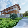 Two Story Wooden House With Black Roof Large Glass Windows White Railings And Lawn
