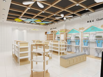 Bright Children's Clothing Store With White Walls Wooden Shelves Display Racks And Blue Storage Boxes 3d model