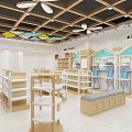 Bright Children's Clothing Store With White Walls Wooden Shelves Display Racks And Blue Storage Boxes