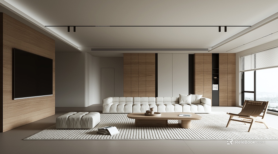 Modern Living Room Interior With White Sofa Wooden Cabinets Coffee Table And Area Rug 3d model 