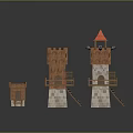 Three Medieval Wooden Fortress Towers With Stone Bases Red Roof Lookout Windows And Stairs
