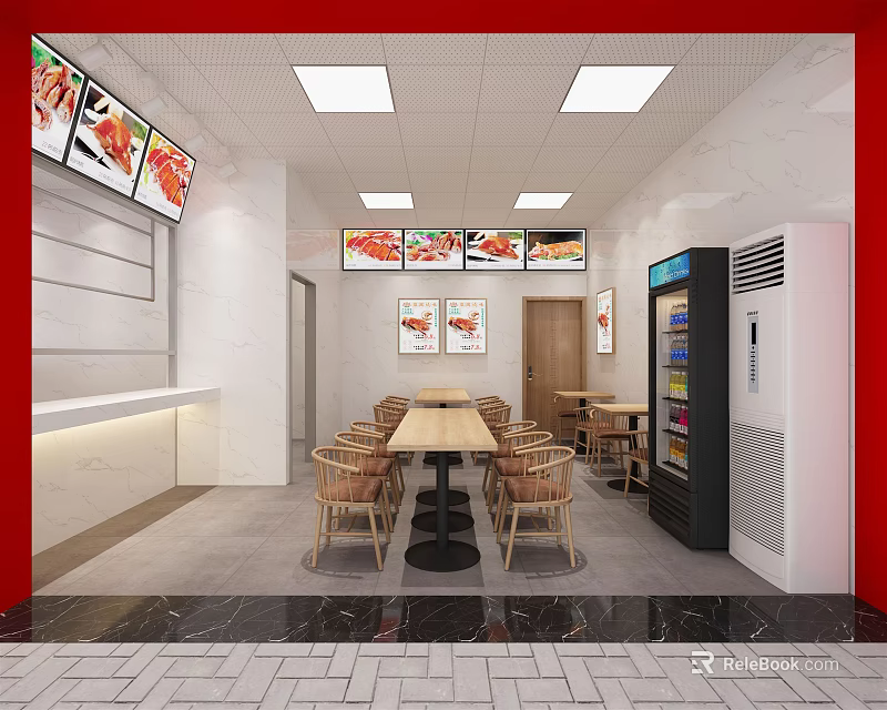 Modern Restaurant Interior With Wooden Tables Chairs Menu Screens Vending Machine And Marble Floor Tiles 3d model 