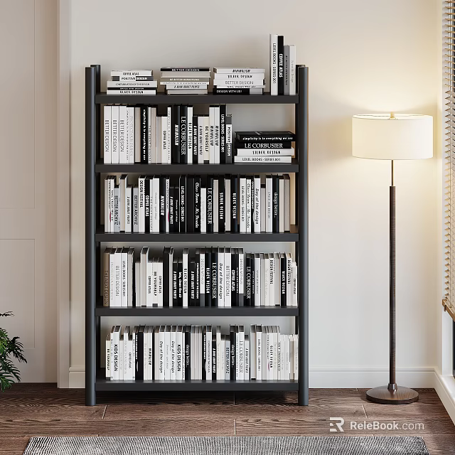 Modern Interior Black Frame Bookcase With Multi Tiered Shelves And Black White Books 3d model 