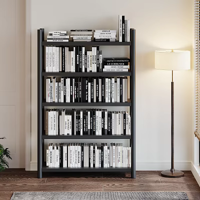 Modern Interior Black Frame Bookcase With Multi Tiered Shelves And Black White Books 3d model
