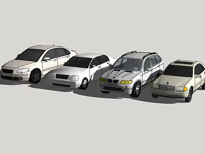 White Car Models in a Row Showcasing Different Design Styles 3d model
