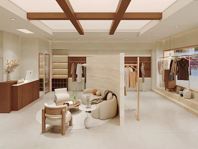Modern Minimalist Wood Accent Clothing Store Interior With Comfortable Lounge Area And Garment Display Racks 3d model