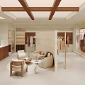 Modern Minimalist Wood Accent Clothing Store Interior With Comfortable Lounge Area And Garment Display Racks