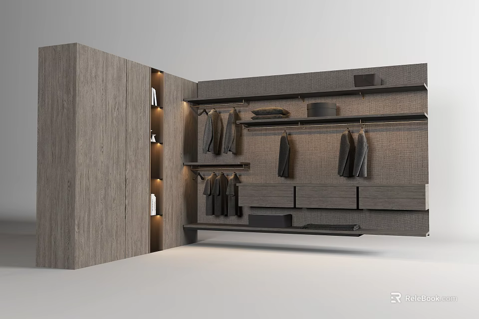 Modern Wooden Wardrobe Interior With Hanging Rods Drawers Shelves And Ambient Lighting 3d model 