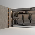 Modern Wooden Wardrobe Interior With Hanging Rods Drawers Shelves And Ambient Lighting
