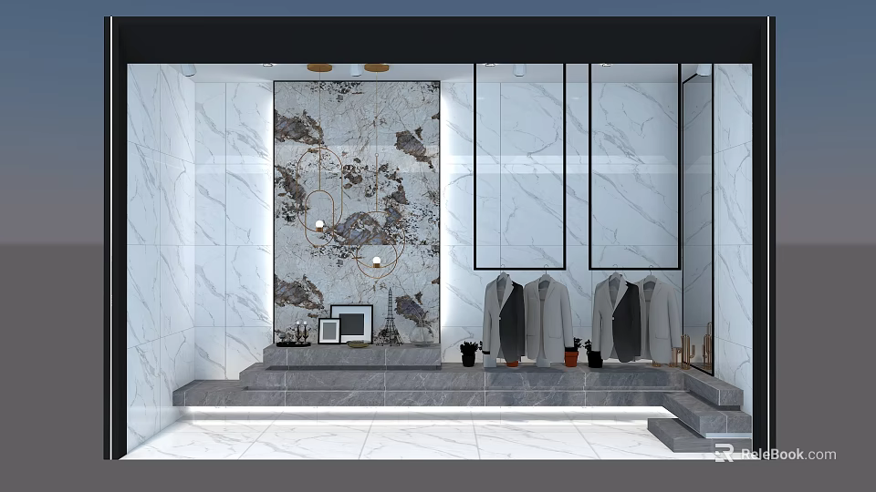 Elegant Store Window Display With Marble Wall Chandelier Lighting Hanging Clothes And Decorative Items 3d model 