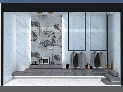 Elegant Store Window Display With Marble Wall Chandelier Lighting Hanging Clothes And Decorative Items 3d model