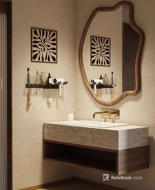 Modern Bathroom Sink with Concrete Countertop Wooden Frame Mirror and Decorative Wall Art 3d model 