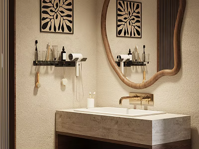 Modern Bathroom Sink with Concrete Countertop Wooden Frame Mirror and Decorative Wall Art 3d model