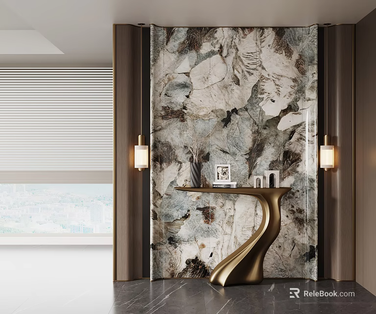 Modern Entryway Design With Decorative Wall Golden Curved Console Table And Wall Sconces 3d model 