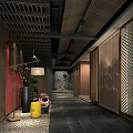 Traditional Chinese Elevator Hallway Interior With Wooden Lattice Red Wall And Pendant Lamp