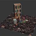 Wooden Bookshelf With Colorful Books On Fall Leaves Carpet And Campfire Setup