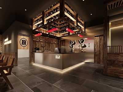 Traditional Restaurant Interior Design Featuring Wooden Decor Wine Rack Ceiling And Bar Counter 3d model