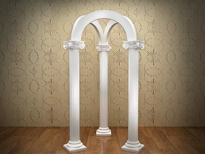 Elegant White Activity Entrance With Three Roman Columns Patterned Wallpaper And Wooden Floor 3d model