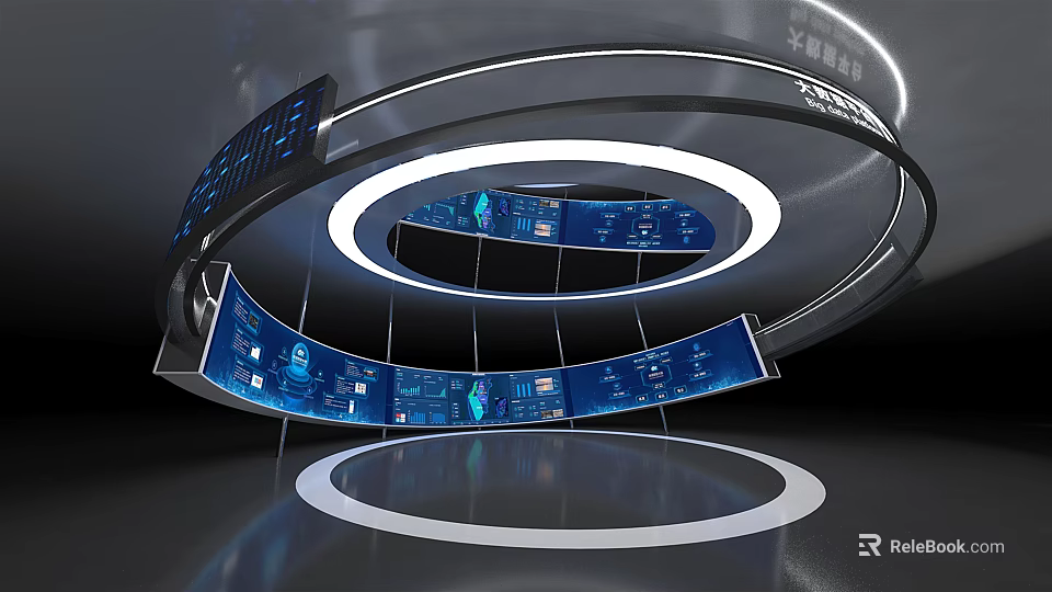 Futuristic Circular Exhibition Structure With Multiple Screens And Data Interfaces 3d model