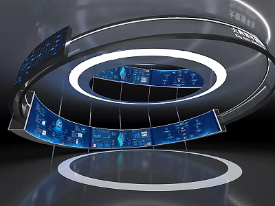 Futuristic Circular Exhibition Structure With Multiple Screens And Data Interfaces 3d model