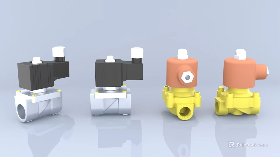 Black Silver Orange Yellow Industrial Valve Components With White Control Tops 3d model