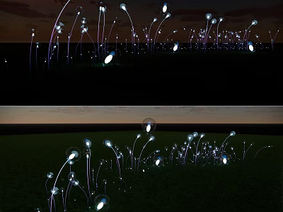 Outdoor Landscape Lights with Slender Poles and Glowing Spheres on Grass Lawn at Night 3d model