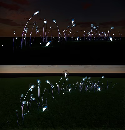 Outdoor Landscape Lights with Slender Poles and Glowing Spheres on Grass Lawn at Night 3d model