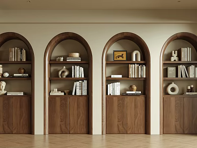 Wooden Arched Bookcases With Doors Filled With Books And Decorative Items 3d model