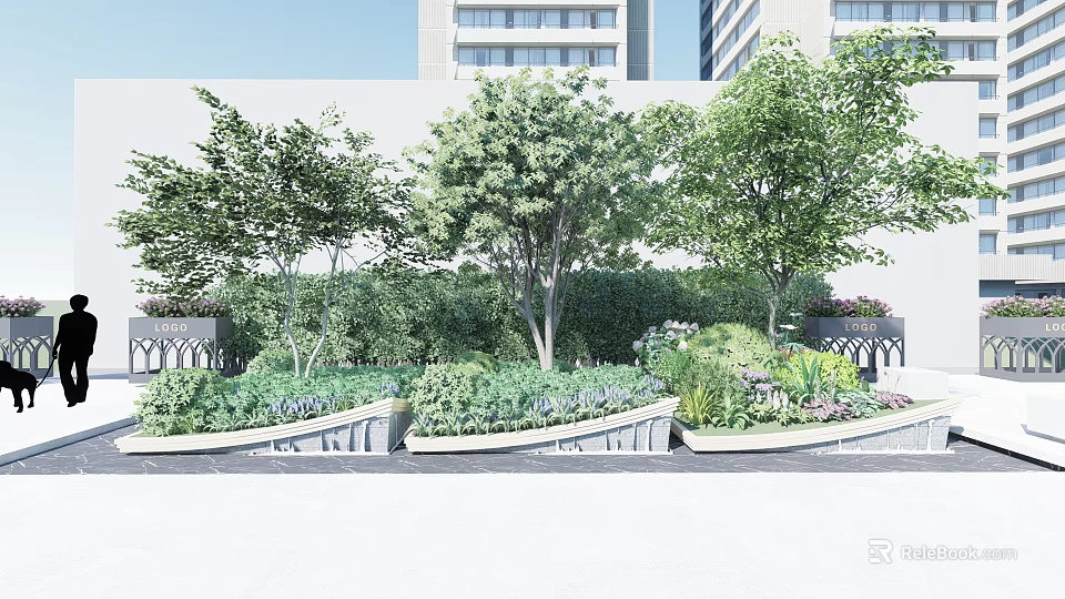 Modern Urban Garden Landscape With Lush Trees Green Plants And Flower Beds 3d model 