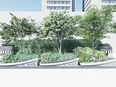 Modern Urban Garden Landscape With Lush Trees Green Plants And Flower Beds 3d model