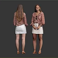 Woman in Red Floral Blouse and White Skirt Back and Front Views with Brown Shoes