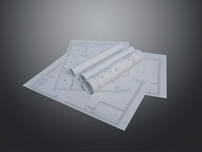 Detailed Architecture Blueprints Design With Rolled Sheets And Floor Plans 3d model