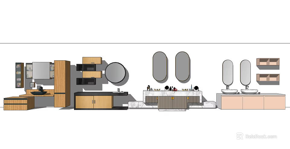 Modern Bathroom Washbasin Vanity With Double Mirrors Marble Countertop And Storage Cabinets 3d model