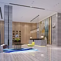 Modern Hotel Lobby Interior With Reception Desk Chandeliers Wooden Walls And Marble Flooring