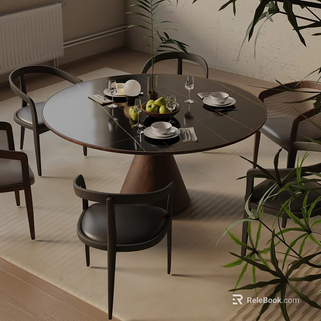 Modern Round Dining Table Set With Wooden Base Black Leather Chairs And Fruit Bowl 3d model 