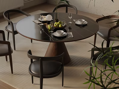 Modern Round Dining Table Set With Wooden Base Black Leather Chairs And Fruit Bowl 3d model