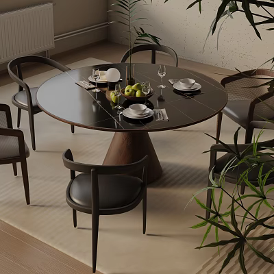 Modern Round Dining Table Set With Wooden Base Black Leather Chairs And Fruit Bowl 3d model