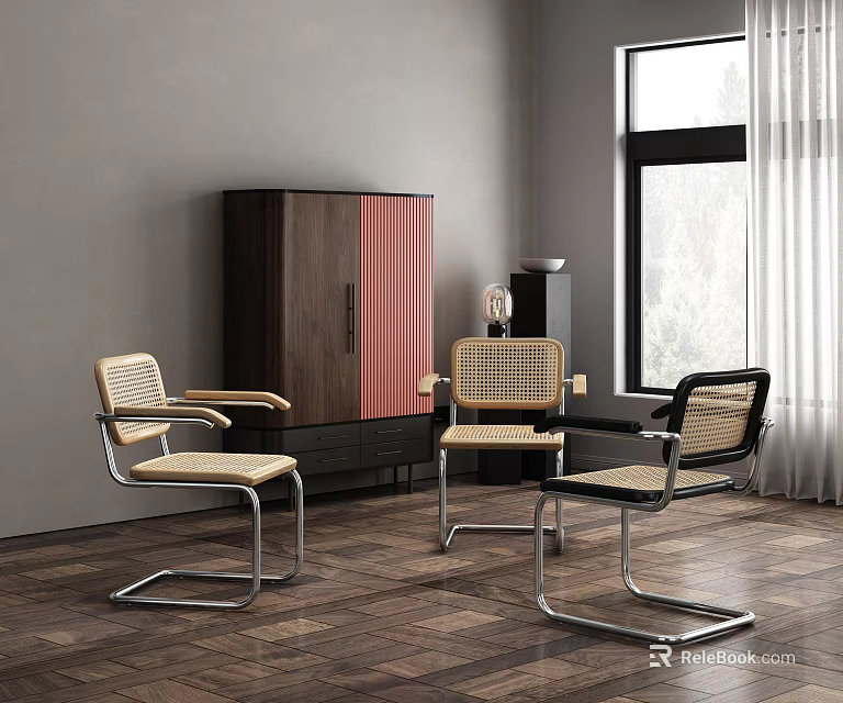 Modern Woven Leisure Chairs With Metal Legs In Bright Interior Space 3d model 