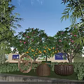 Charming Rural Themed Garden Landscape With Green Bamboo Flowering Trees And Retro Farm Decorations