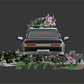 Black Paper Craft Car With Flowers On Roof Inside And Green Leaves Decoration