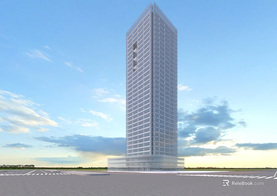 Modern Tall Hotel Building With Glass Facade And Open Surroundings Under Blue Sky 3d model 