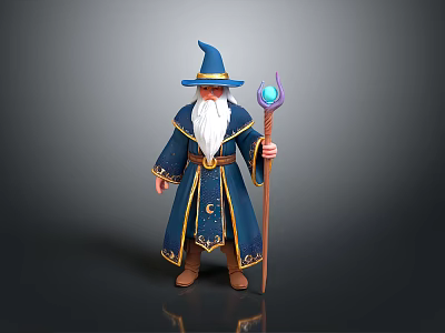 Man As Wizard Wearing Blue Robe White Beard Pointed Hat And Staff With Crystal Ball 3d model