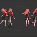 Pink Haired Girl Character 3D Model in Different Poses with Black Background and Reflections