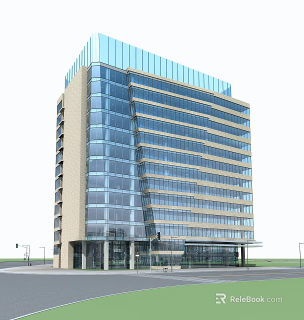 Modern Multi Storey Office Building Exterior Design With Glass Curtain Wall And Stone Exterior 3d model 