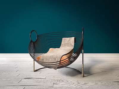 Accent Chair Curved Metal Frame Light Cushion Seat Against Dark Teal Wall Light Wooden Floor 3d model