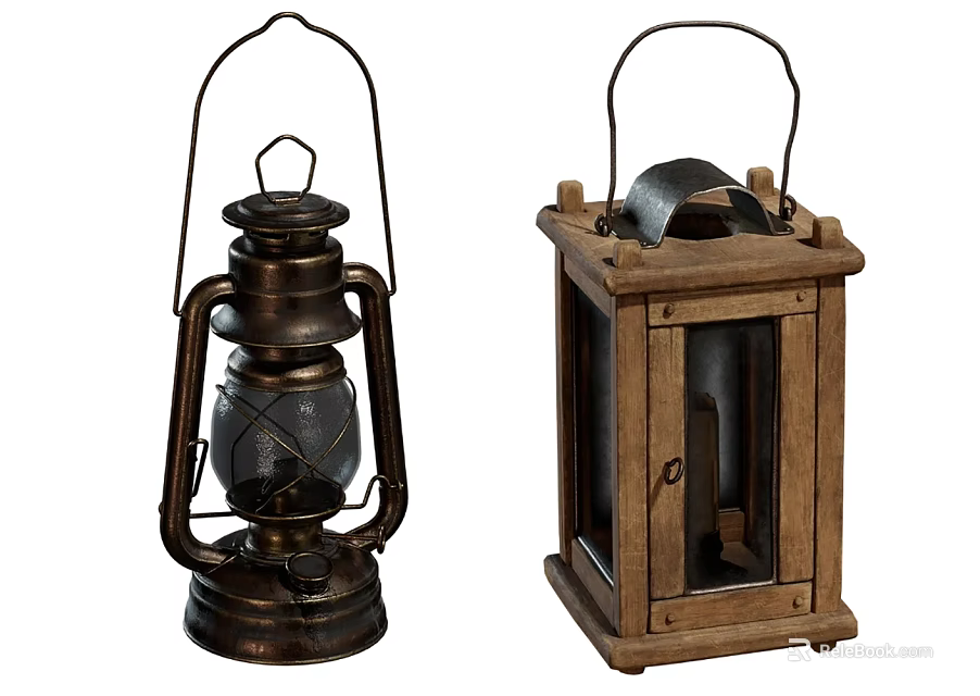 Vintage Decorative Candle Lanterns With Handles And Glass Shades In Metal And Wooden Design 3d model 